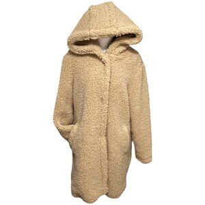 Lucky Brand Hooded Faux Shearling Teddy Sherpa Coat Tan Beige - Size Large‎